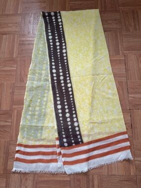 Yellow Patterned Scarf with Brown Dot Stripe and Orange Stripes